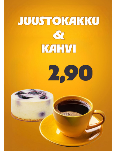 Mustikka-valkosuklaajuustokakku ja kahvi 2,90€
