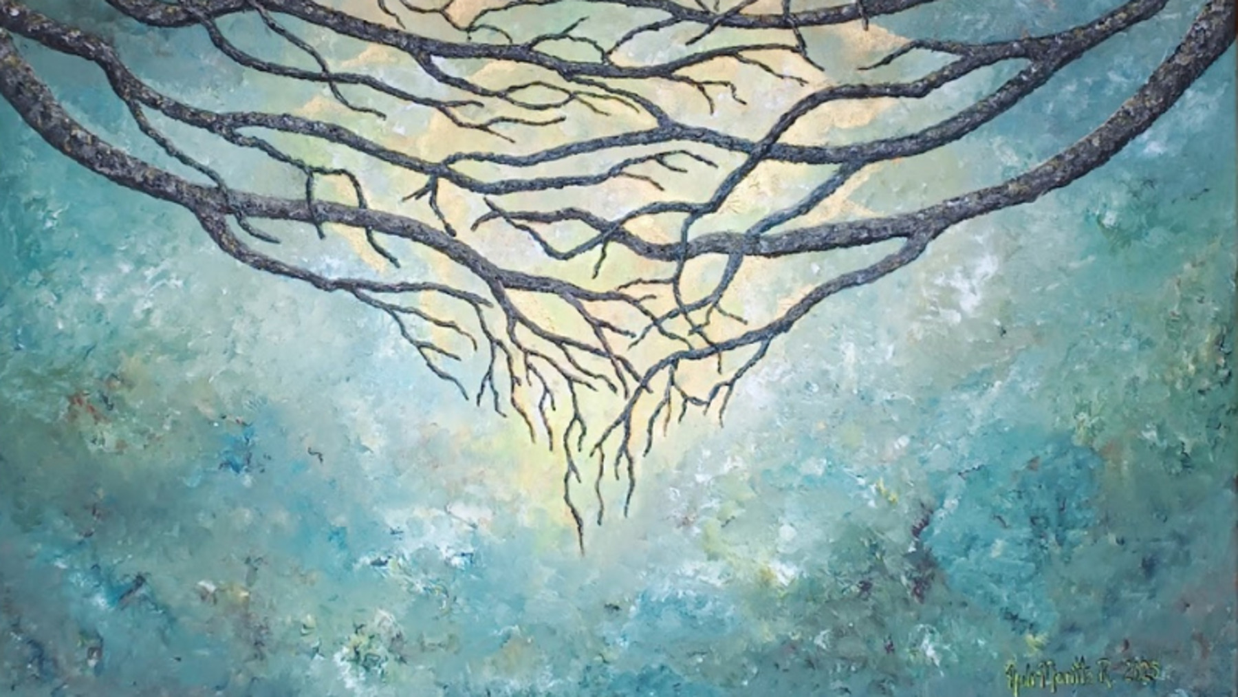 Tree branches reaching toward one another against a blue background