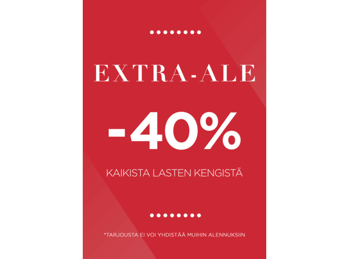 Kaikki Lasten kengät 40 % lisä-alella outlet hinnasta 16-22.02.2026.