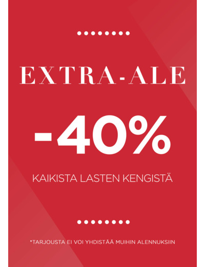 Kaikki Lasten kengät 40 % lisä-alella outlet hinnasta 16-22.02.2026.