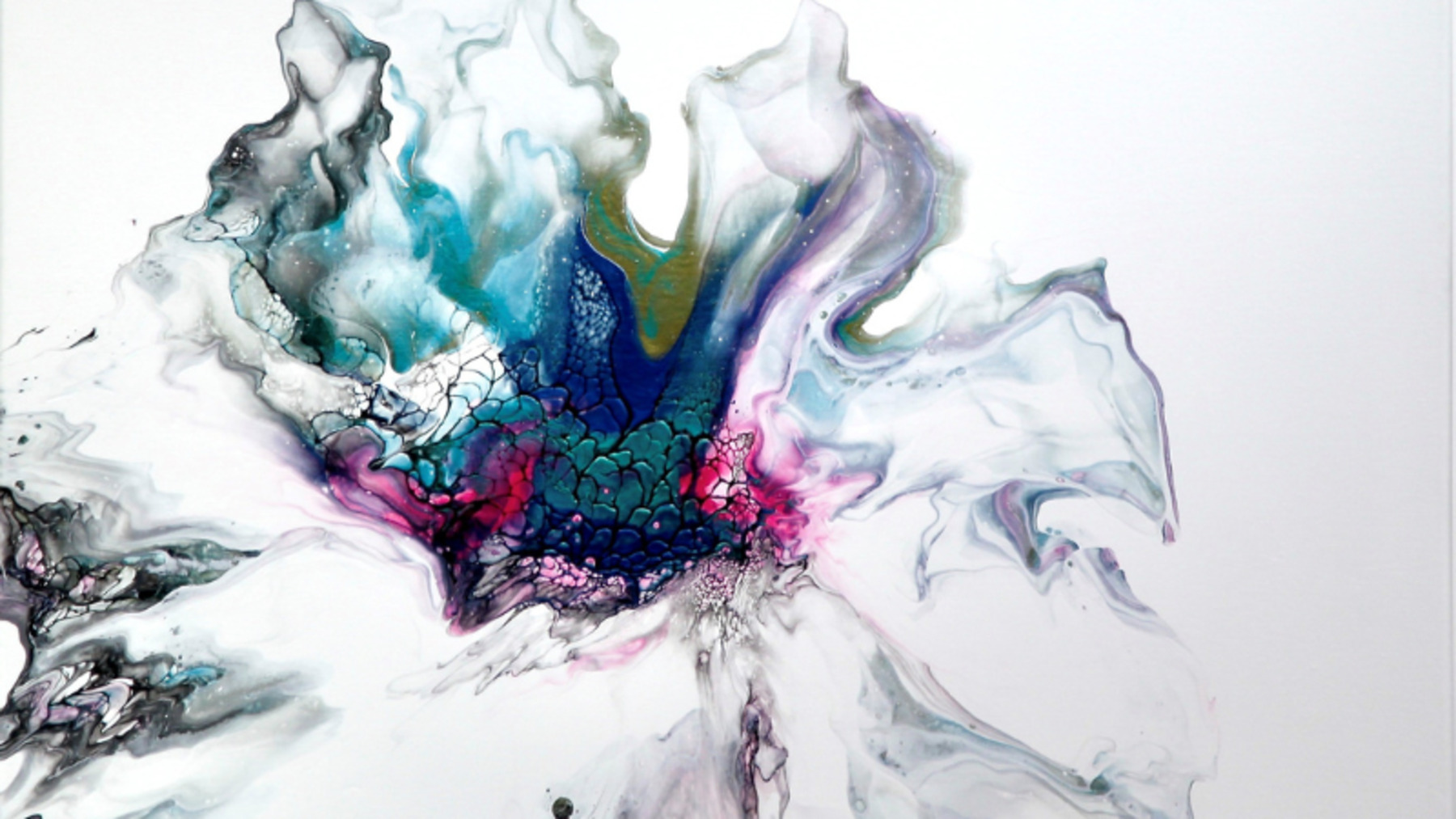 Abstract white flower art with a hint of fuchsia, ocean blue, and dark blue