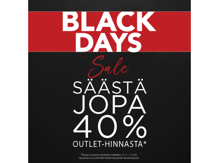 Black Week TARJOUS! Valituista kengistä jopa -40% alennusta outlet hinnoista. 21.11-1.12.2025