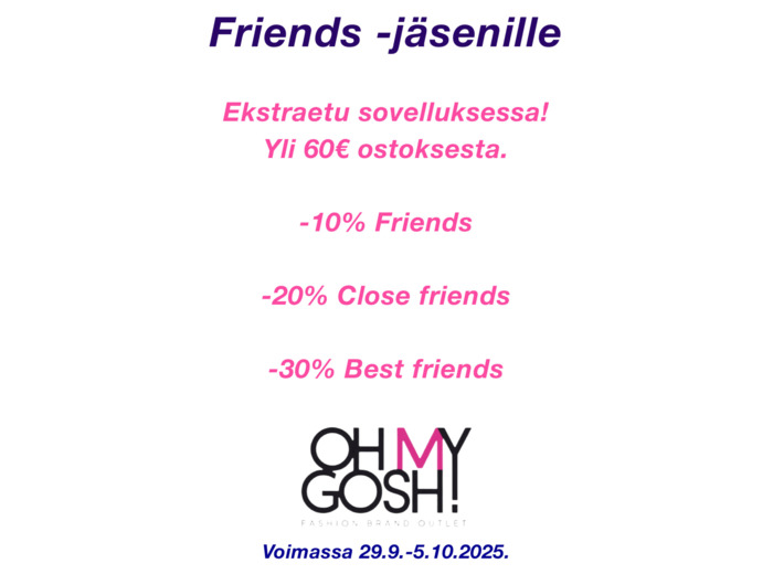 Jäsenille ekstraetu yli 60€:n ostoksesta Helsinki Outlet -sovelluksessa.