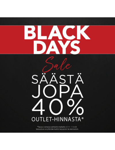 Black Week TARJOUS! Valituista kengistä jopa -40% alennusta outlet hinnoista. 21.11-1.12.2025