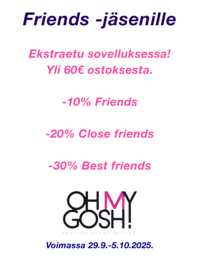 Jäsenille ekstraetu yli 60€:n ostoksesta Helsinki Outlet -sovelluksessa.